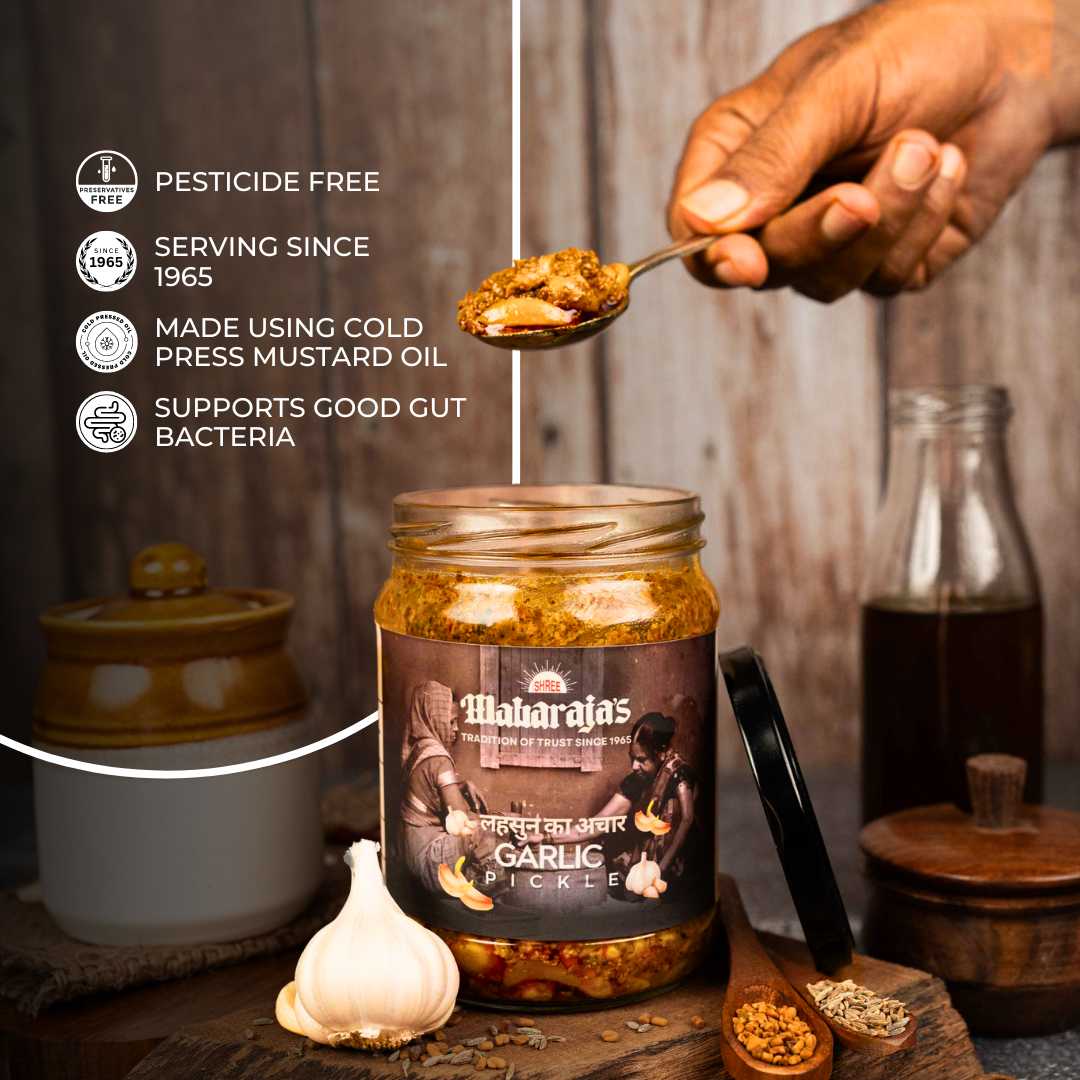 Homemade Garlic Pickle (Lahsun Ka Achar) - Authentic Banarasi Flavor with Hand-Pounded Spices - Shree Maharaja's