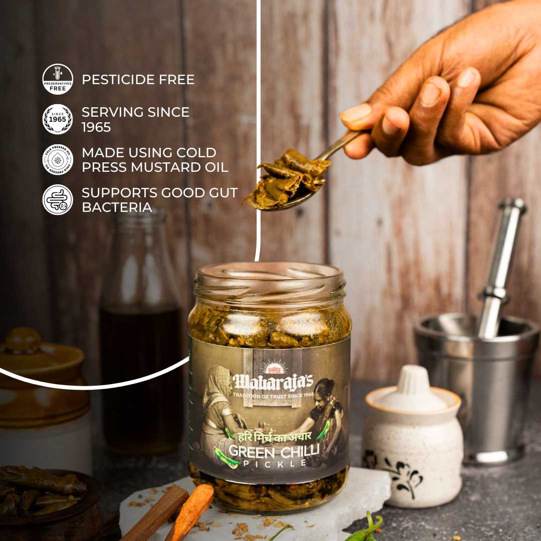 Homemade Green Chili Pickle (Hari Mirch Ka Achar) - Authentic Banarasi Spice with Hand-Pounded Spices - Shree Maharaja's